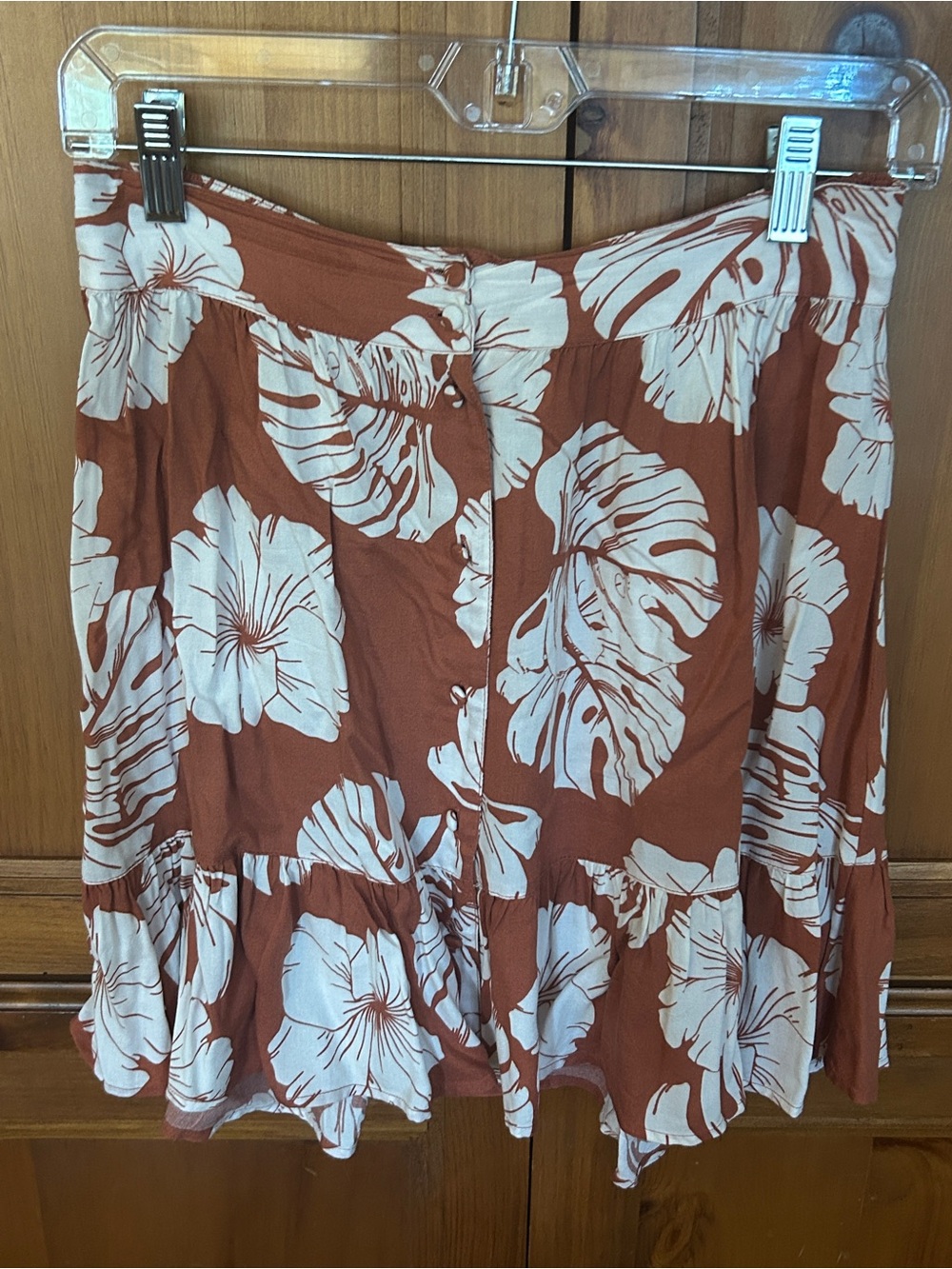 Roxy Rust Orange Floral Button-Front Mini Skirt. Buttons down the front